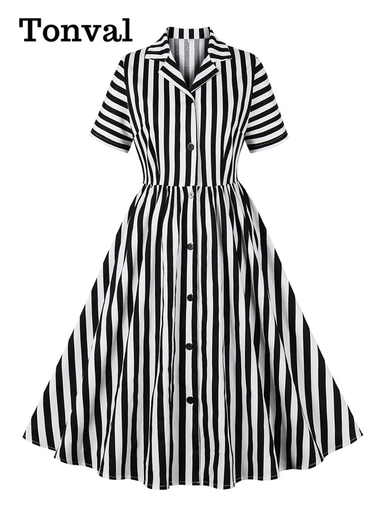 Tonval Notched Collar Single Breasted Striped Print Cotton Ladies Dresses Elegant 40s 50s Pleated Rockabilly Women Midi Dress