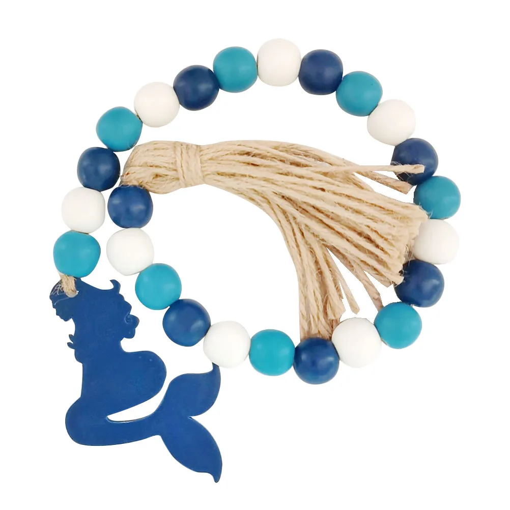 Ocean Inspired Wooden Bead Garland with Tassel Design Premium Hemp Rope Hanging Decoration for Living Room Office Shop Indoor