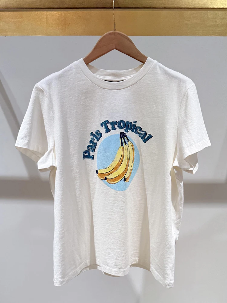 

M Home Nan You High End Women's Casual Fruit Print Pure Cotton T-irt Summer Versatile Top Commute Sle Loose Fit ort Sve