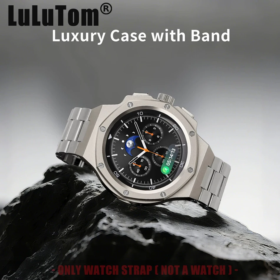 Conjunto de carcasa metálica giratoria y correa para Samsung Galaxy Watch 8 Classic (46 mm, 40 mm, 44 mm); incluye funda resistente a impactos y correa de acero y silicona.