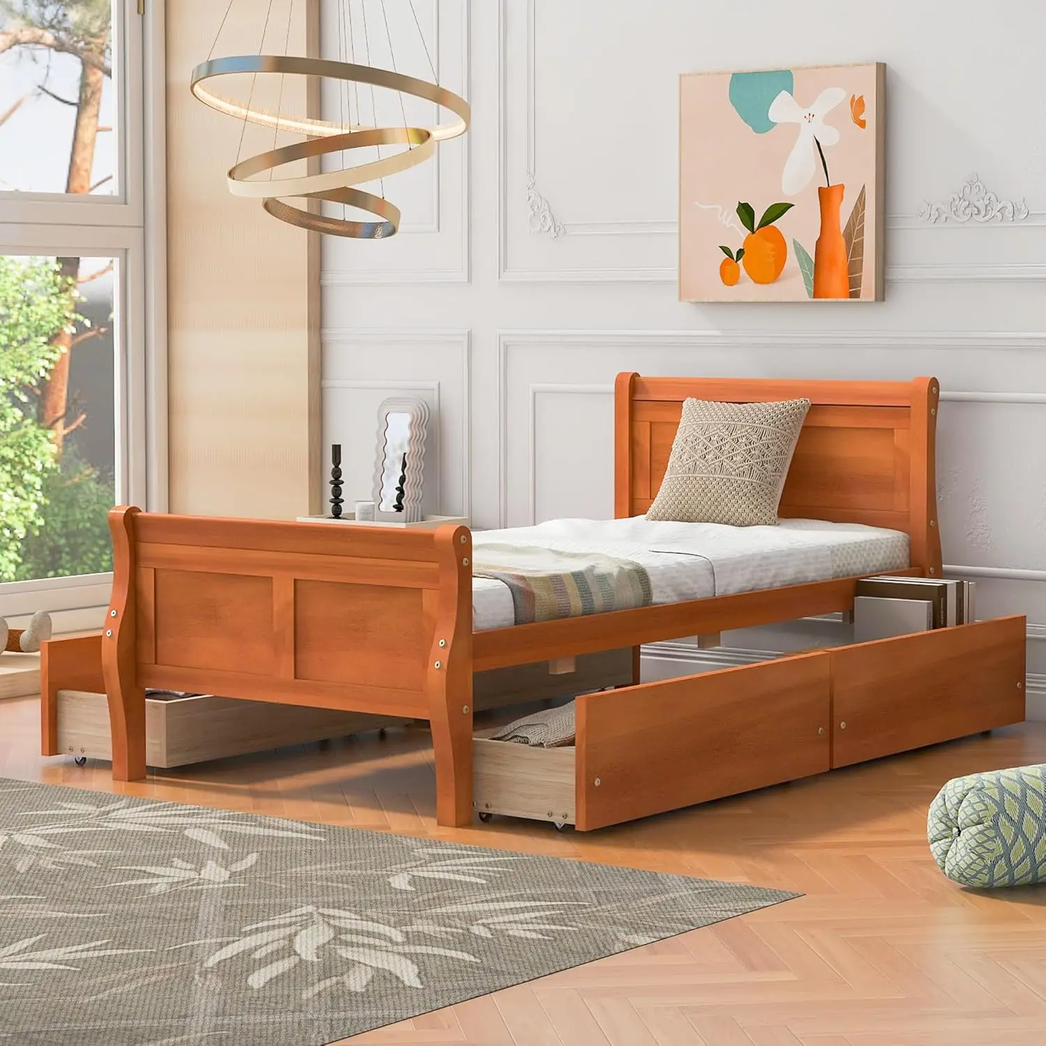 Twin Size Wood Platform Bed With 4 Drawers And Streamlined Headboard & Footboard,Oak,Beds, Frames & Bases 106.92Lbs,2131