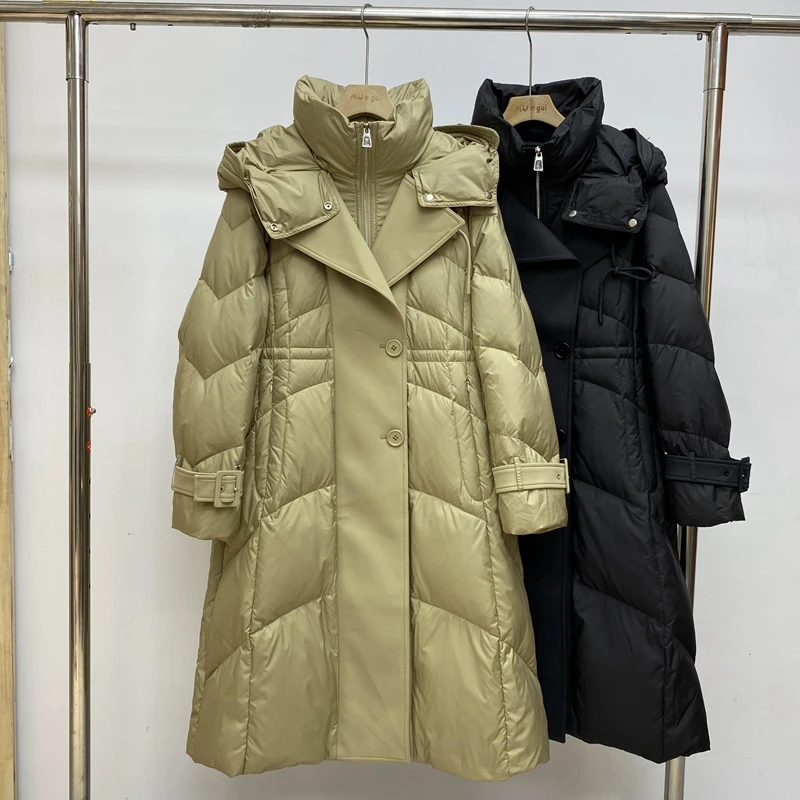 

2023 European Winter New Down Coat Women Mid Length Spliced Windproof Hood Thickened Warm White Duck Down Coat