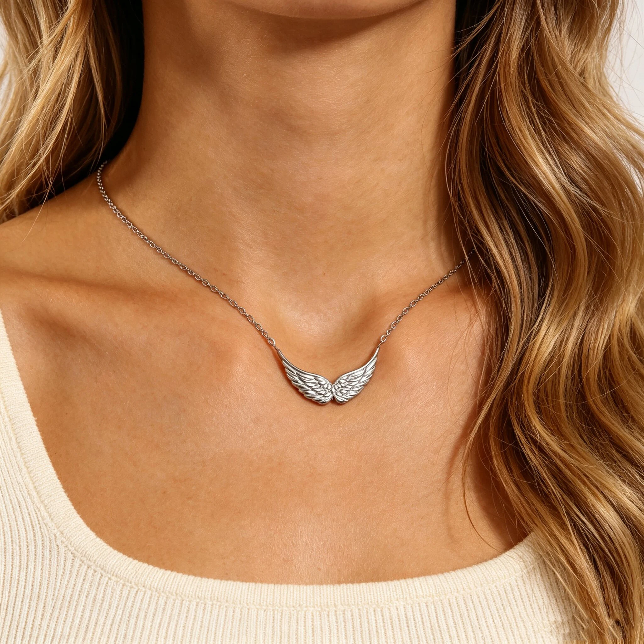 Stainless Steel Angel Wings Feather Choker Big Pendant Link Chains Statement Stainless Steel Necklace for Women Jewelry Gift