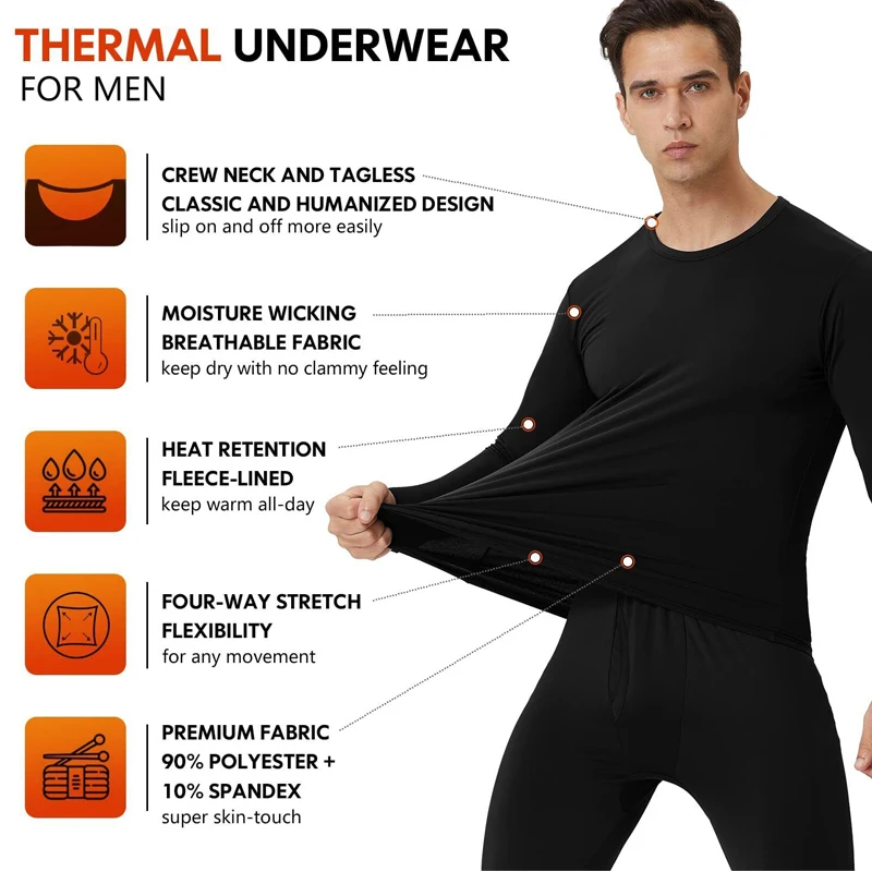 Winter Thermal Underwear Set Long Johns Men\'s Fleece-lined Keep Warm Long Johns Top & Bottom Thermo Underwear Sets