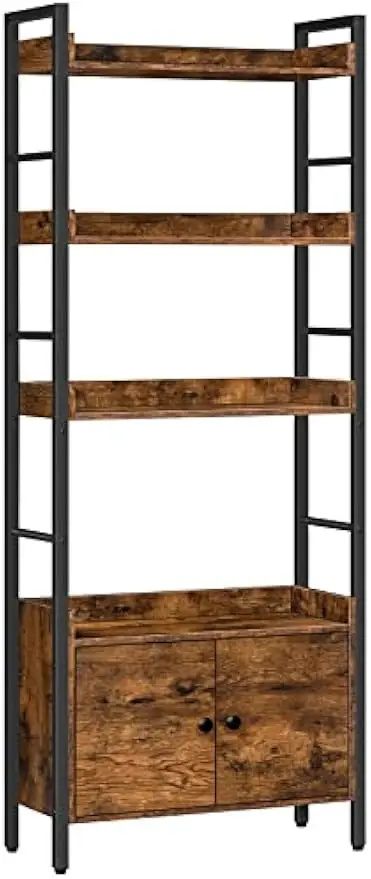 

4-Tier Bookshelf with Doors, Industrial Wooden Bookcase with Storage, 9.4"D x 23.6"W x 60.6"H, Storage Shelf with Protective