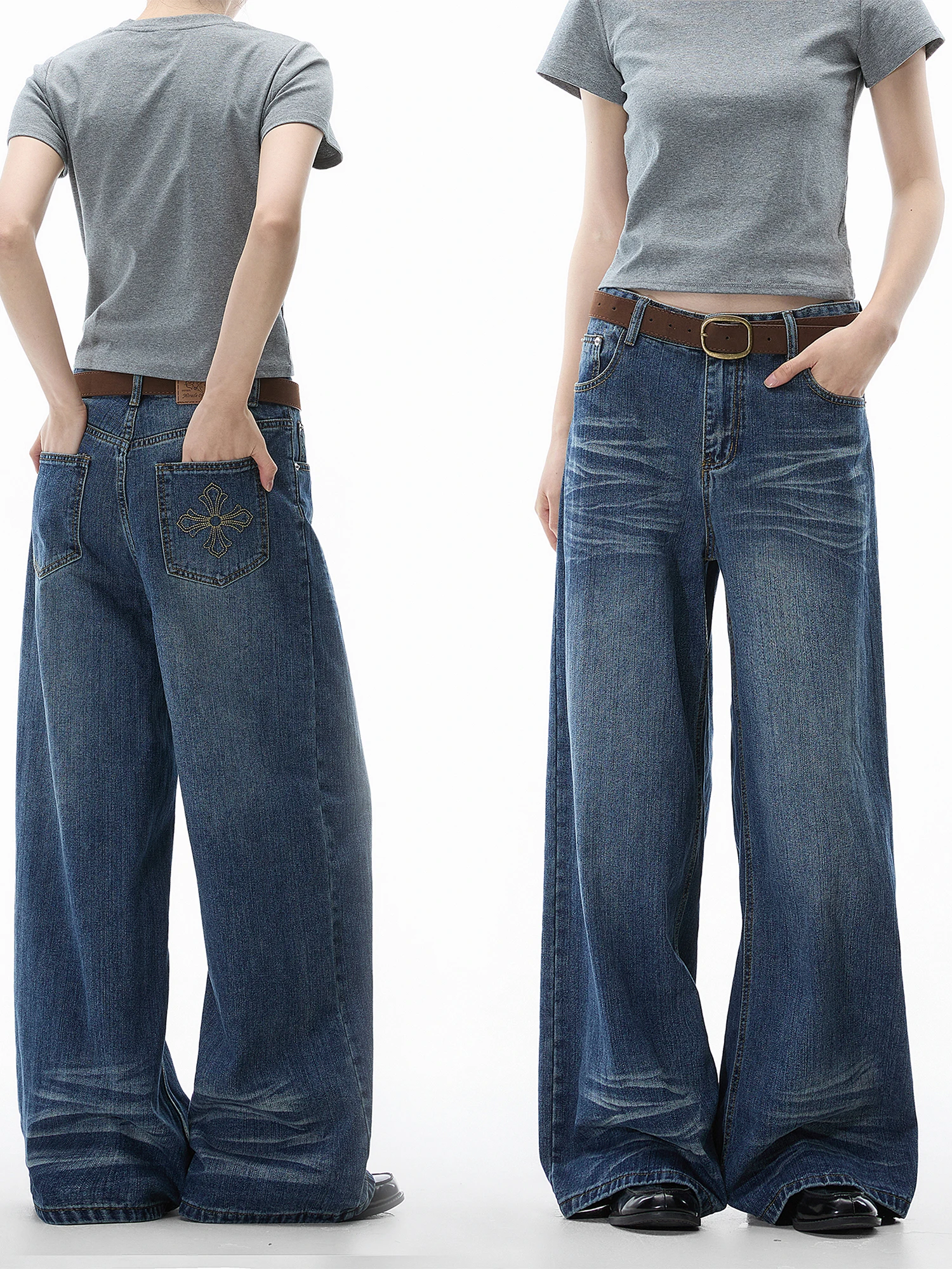 

Американские джинсы с высокой талией и прямым кроем для женщин, свободные, стройнящие, удлиненные, с легким клешем, синие, свободного кроя, длинные брюки