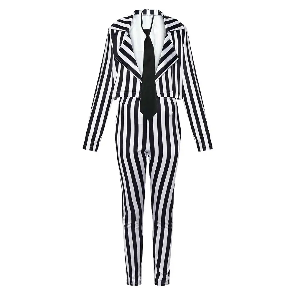 Costume de Cosplay d'Horreur à Rayures Verticales, Noir et Blanc, Tenue de Scène d'Halloween pour Femme Adulte, Vente en Gros