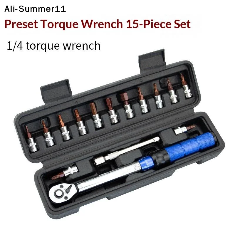 

【11A】15Pcs Maintenance Tool Adjustable Torque Ratchet Wrench 1/4-inch Dual-Direction Bicycle Hex Socket Preset Wrench