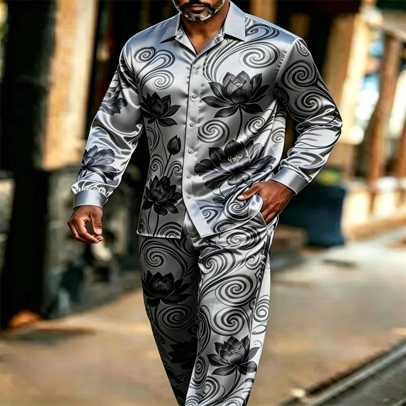 Men's Luxury Satin Long-Sleeve Shirt with Lotus Pattern and Straight-Leg Trousers Two-Piece Set — Casual Vacation Outfit
