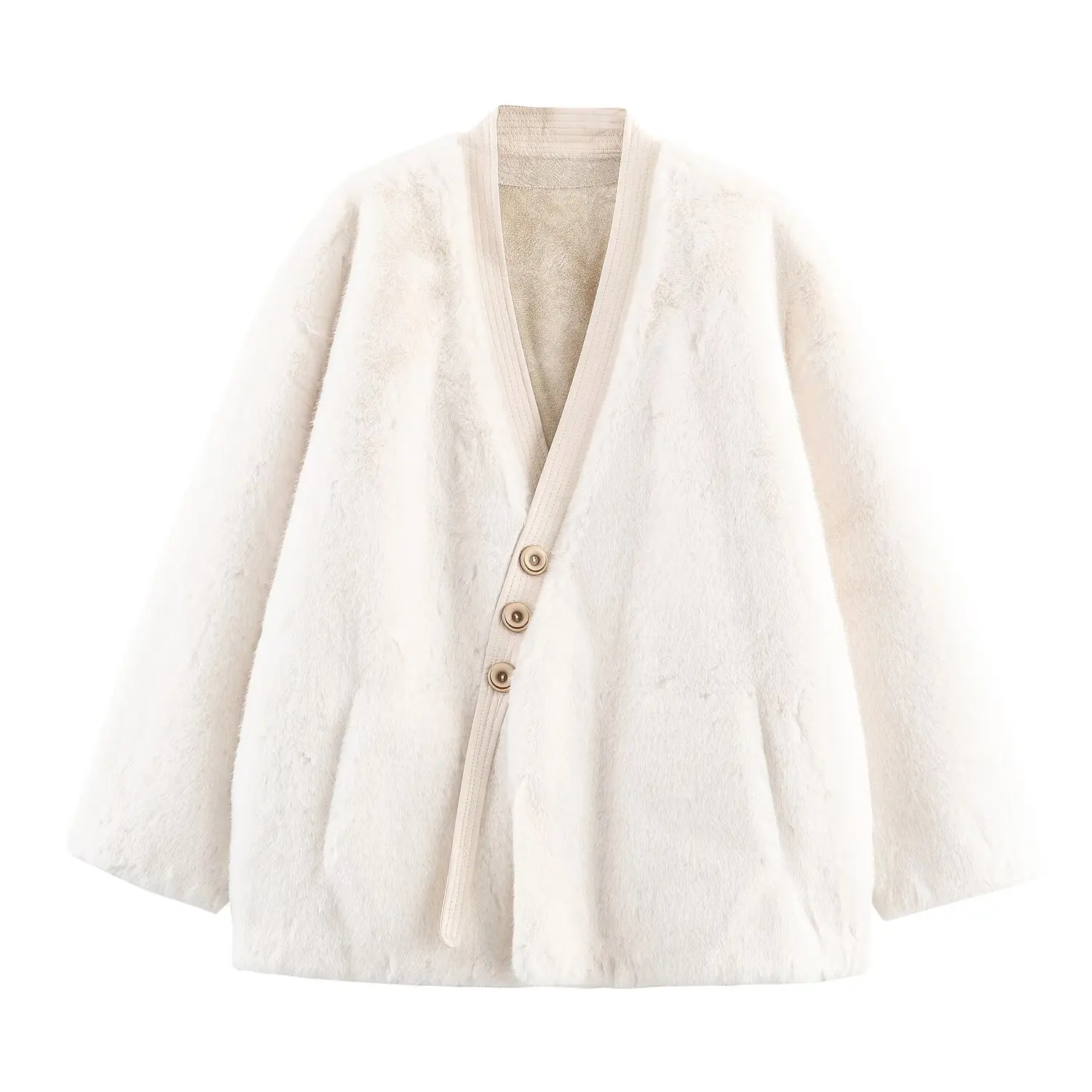 JNLEAOG Women's Faux Fur Jaet Tee-Button Patchwork Leather V-Ne Long Sve Polyester Fiber Coat for Autumn Season