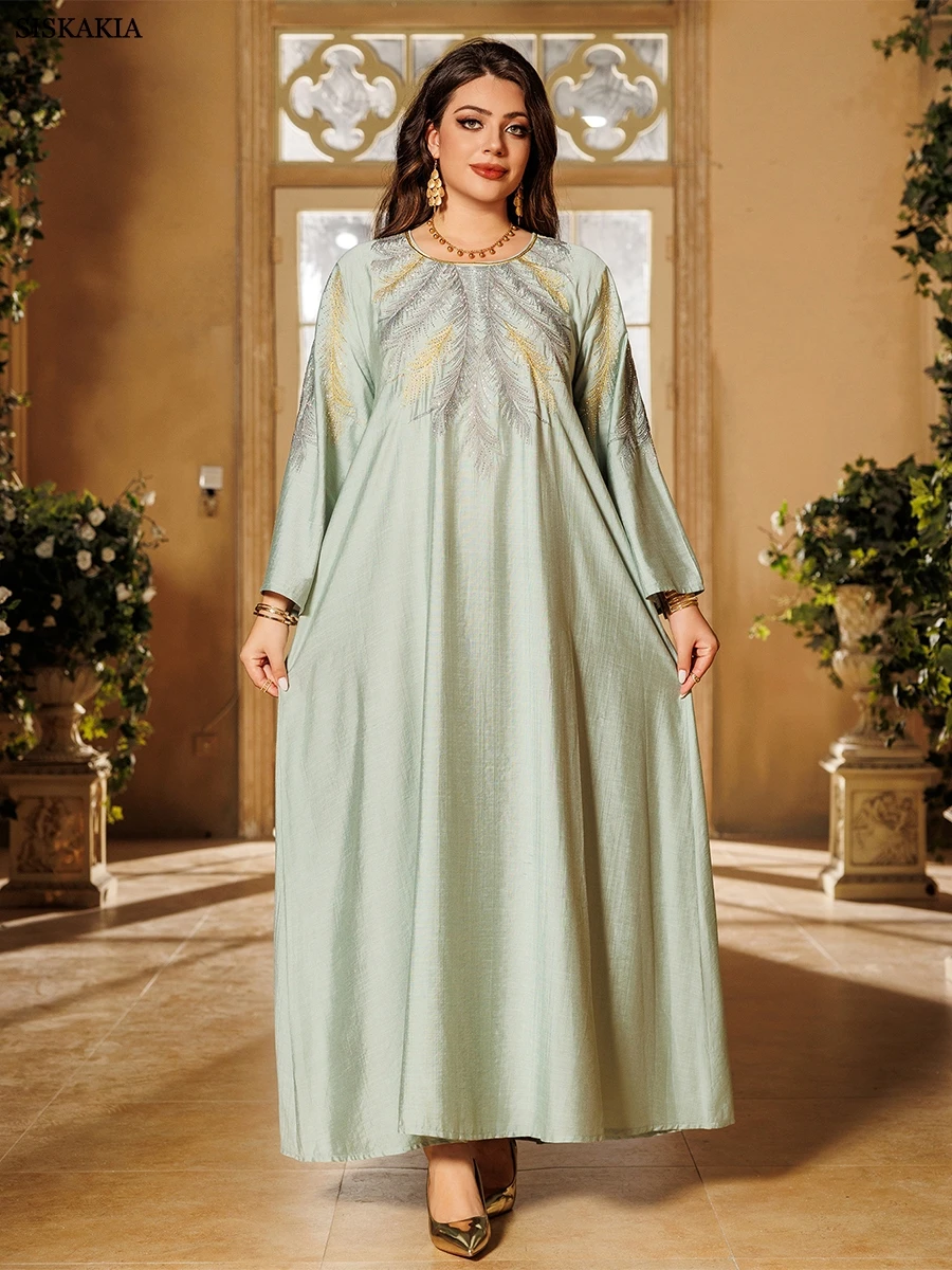 Siskakia Embroidered Diamonds Abaya Dubai Turkey Islam Moroccan Kaftan Muslim Dress African Fashion Abayas For Women Robe