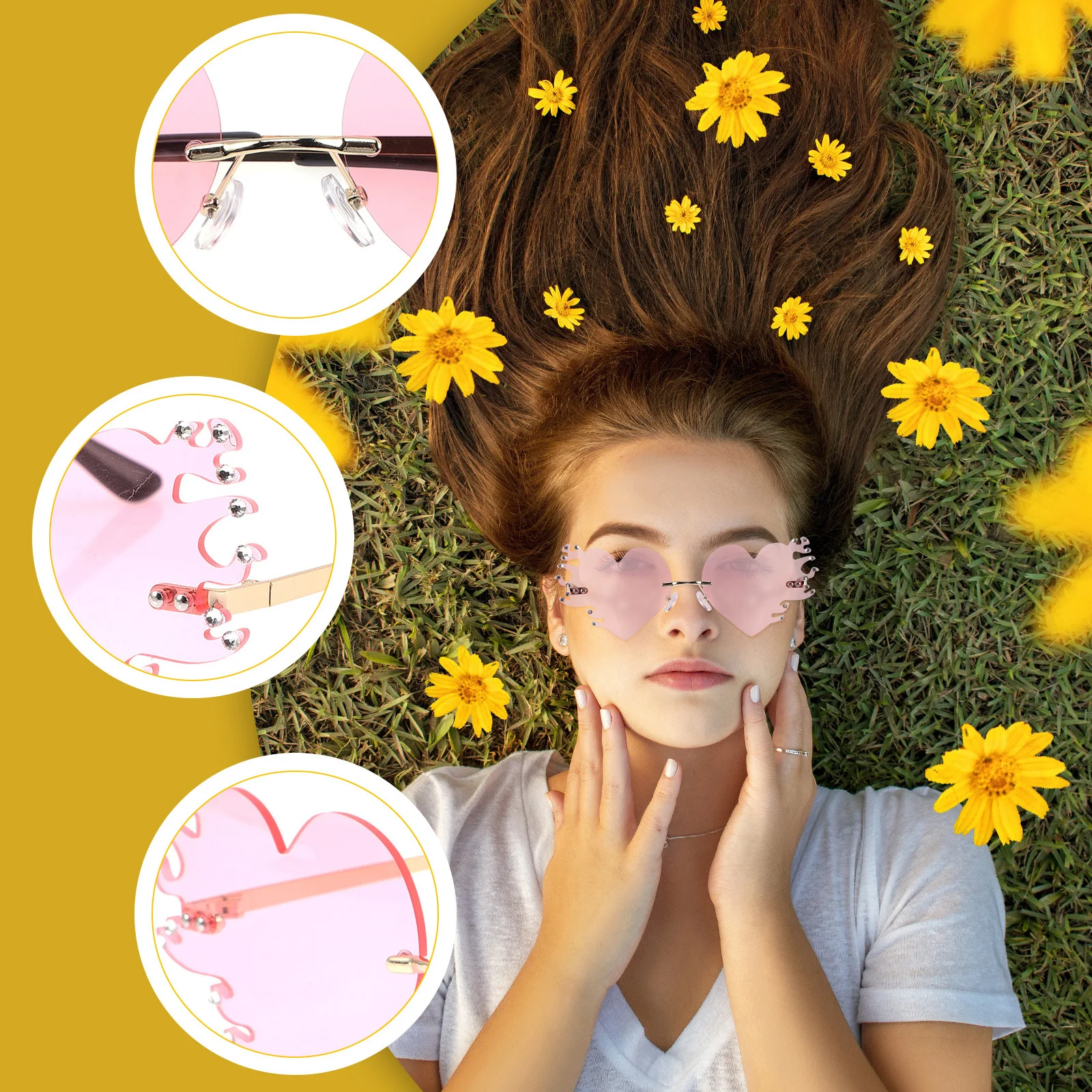 نظارات شمسية عصرية على شكل قلب خفيفة الوزن بدون إطار للحفلات والمهرجانات الخارجية والنساء والفتيات العصرية