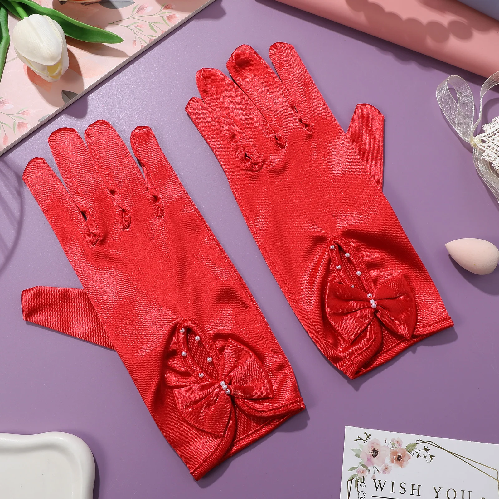 

Satin Wedding Gloves for Women Bridal Short Prom Elegant Bowknot Costume Accessories Functional Wear Evening Party Bride