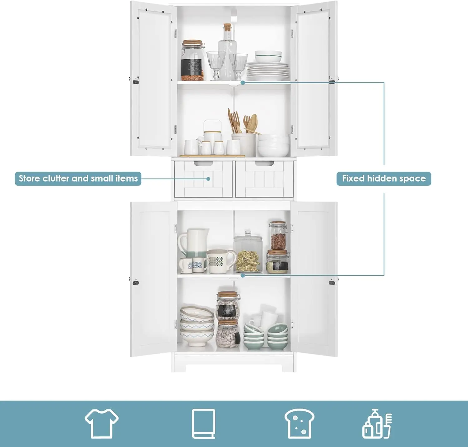 Storage Cabinet, Freestanding Pantry Cabinet with Glass Door and Shelves, Linen Bathroom Cabinet with 2 Drawer