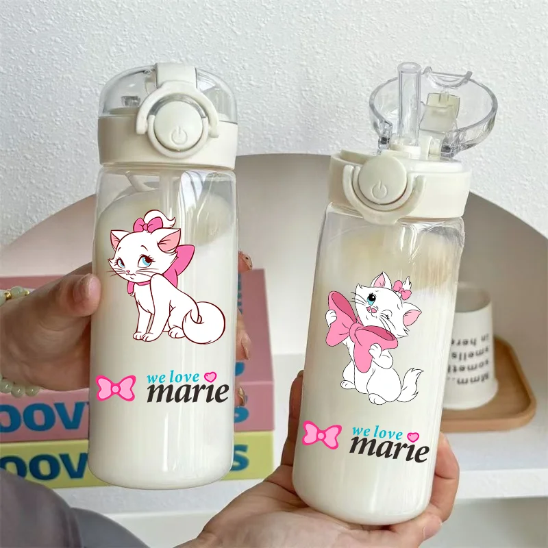 Disney Marie Cat The Aristocats Big Capacity Transparent Plastic Straw Cup Portable Outdoor Sport 400ml Children Drinking Bottle