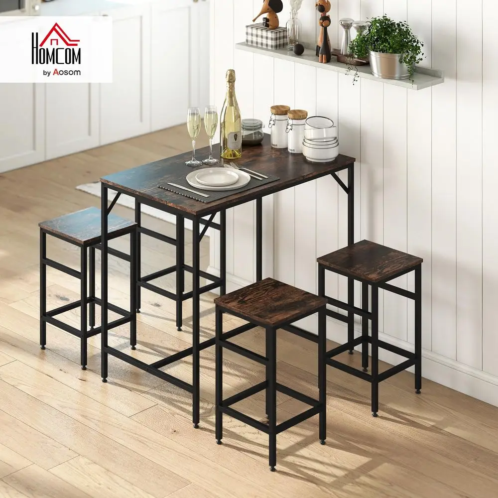 

5Piece Industrial Dining Table Set, Bar Table amp 4 Stools Set, Space Saving for Pub amp Kitchen, Black Brown
