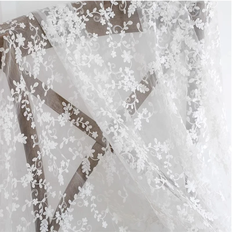 1yard White organza embroidery cloth bud silk yarn wedding dress lace fabric background cloth curtain tablecloth handmade diy