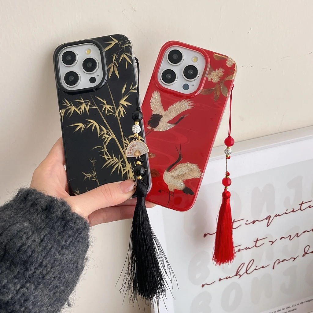 Chinese Style Glitter Red-crowned Crane Flower Plants Bamboo Fan Pendant Phone Cover Case for iPhone 16 15 14 13 Pro Max