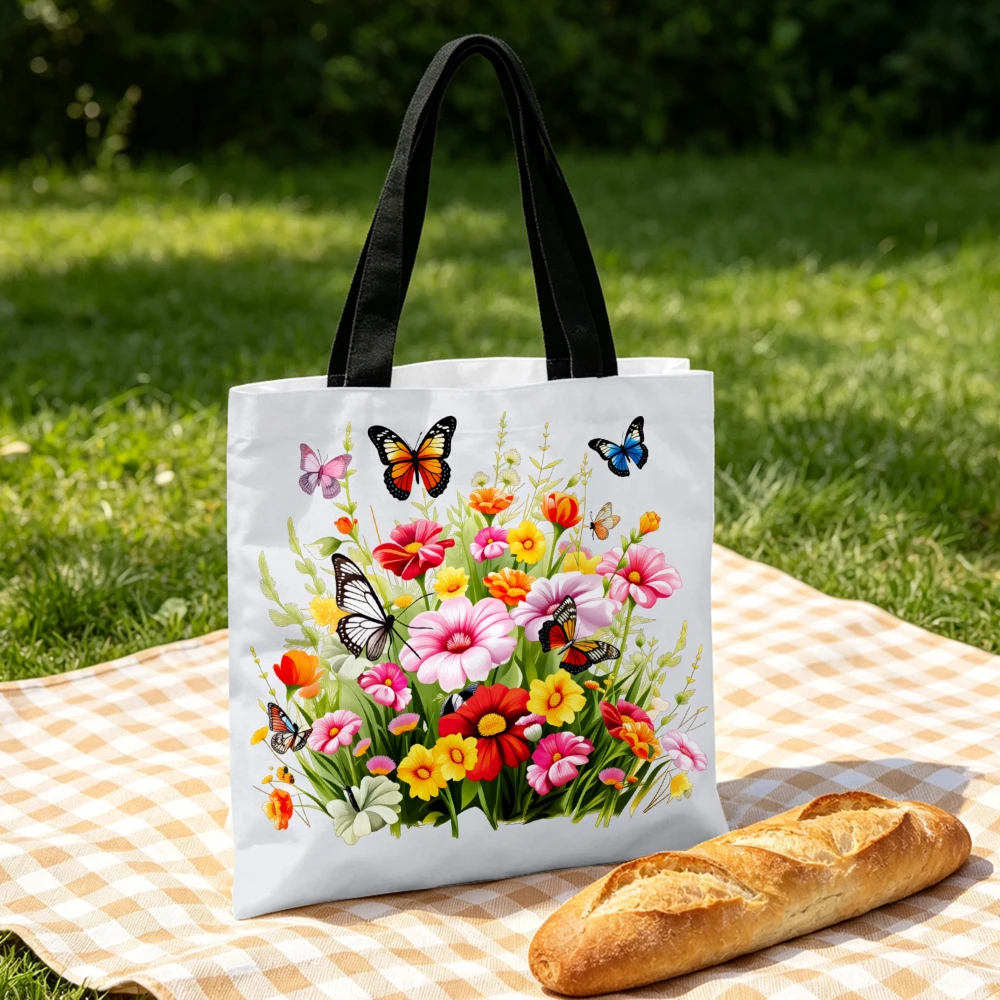 Floral Print Handbag Butterflies And Flowers Tote Bags And Makeup Bag Combination For Women Shopping Daily Use Portable Pouch view 6