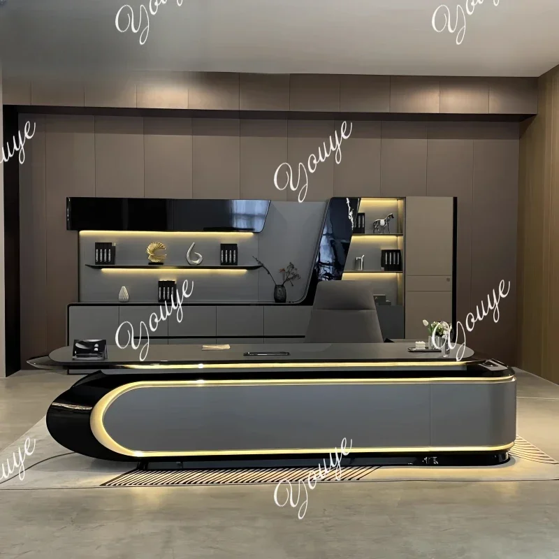 L-J Large Organiser Computer Desk Lamp Charging Storage Executive L Shaped Office Table Reception Reading Bureau Office Furnitur