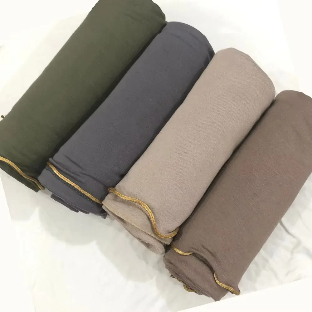 2 Side Lines Cotton Plain Jersey Hijab Scarf With Golden lines NetherlandsArab Muslim Women Shawls 180*85cm