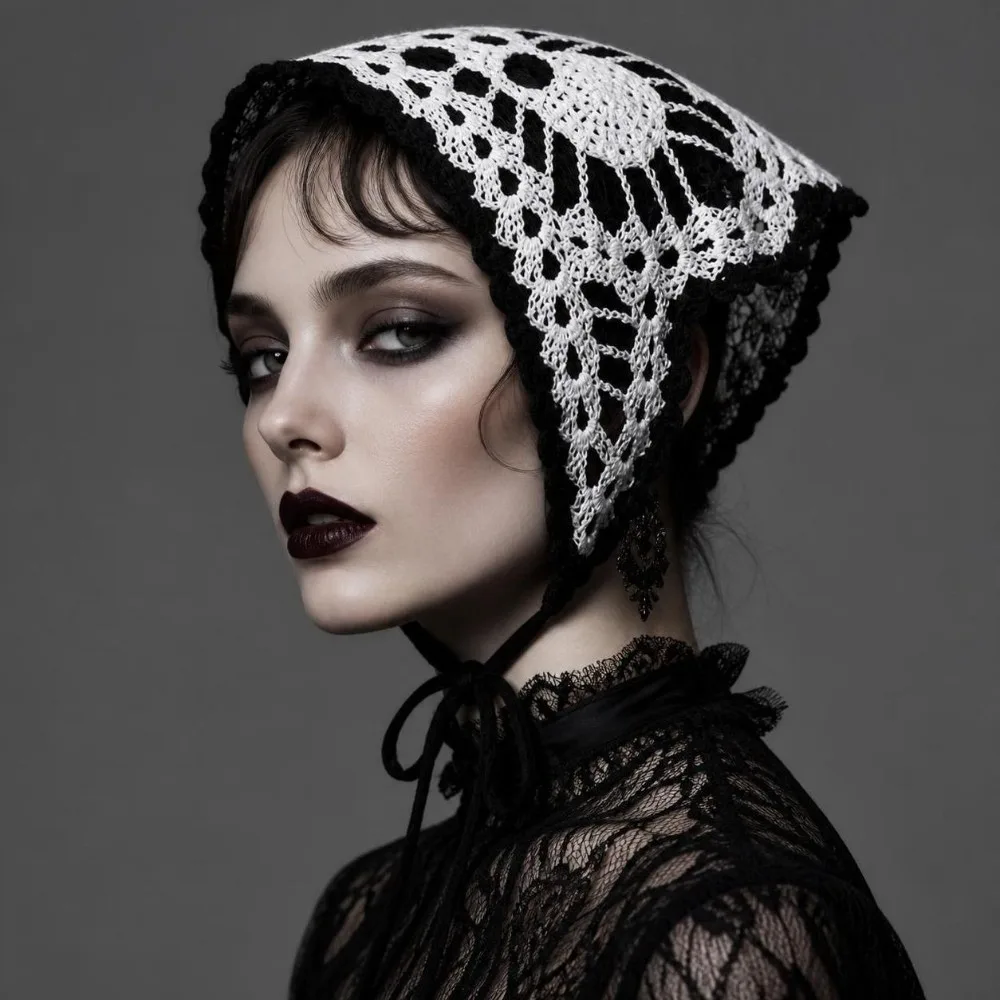 Knitted Halloween Headscarf Creative Pattern Cotton Skull Print Headscarf All Saints Day Style Hollow Out Design