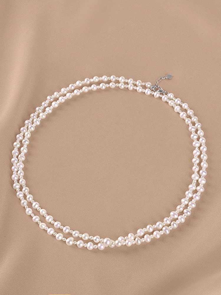 3-4mm with 5-6mm shining round flawless vintage nature freshwater Pearl 925sliver necklace for Women Girl's choker jewelry