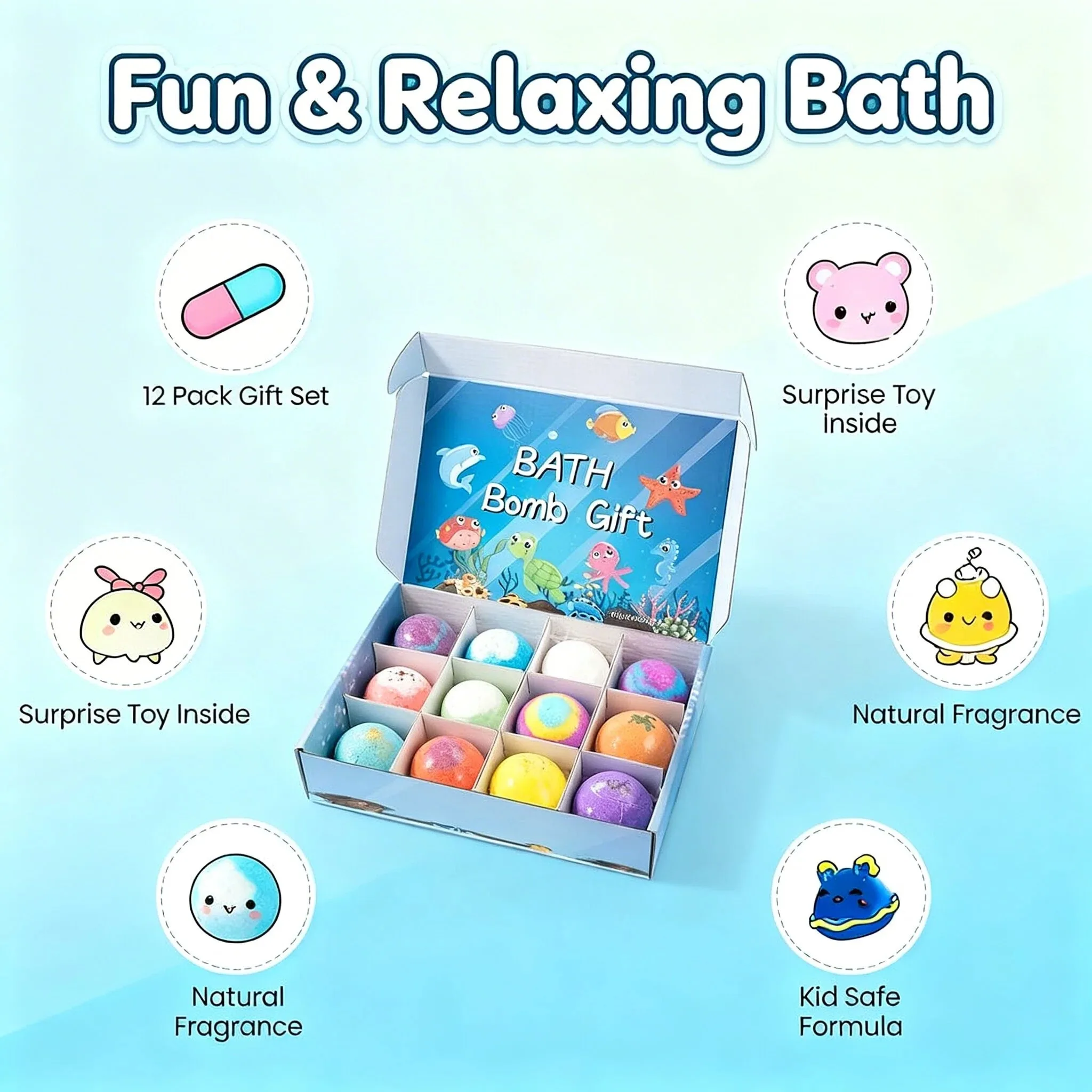 12pcs 70g Kids Bath Fizzy Balls Surprise Toy Inside Gentle Bubble Bath Bubbles Creative Birthday Holiday Gift for Boys Girls
