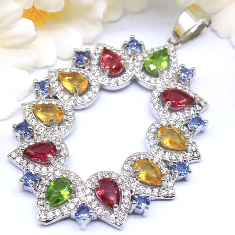 SheCrown 54x34mm Big Heavy 8.4g created Fire Rainbow Mystic Topaz Violet Topaz Golden Citrine Kunzite Silver Pendant