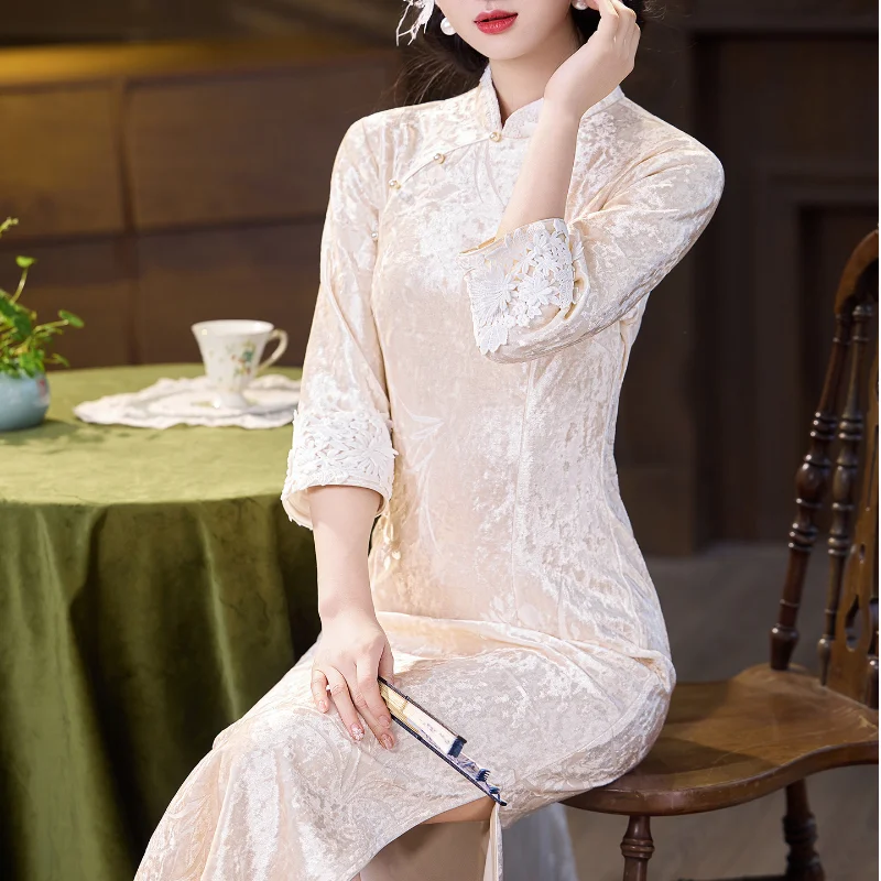 Jacquard Velvet Women Chinese Novelty Qipao Lace Patchwork Cheongsam Mandarin Collar Elegant Vestidos Three Quarter Sleeve Dress