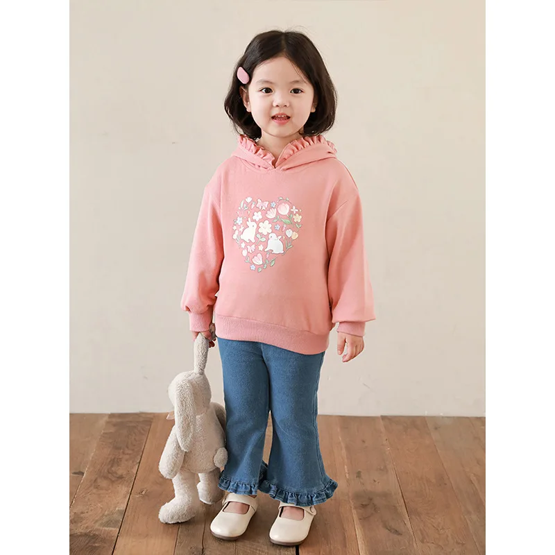 Girls Lace Micro Flared Jeans 2024 Spring New Children's Korean Solid Color Pants