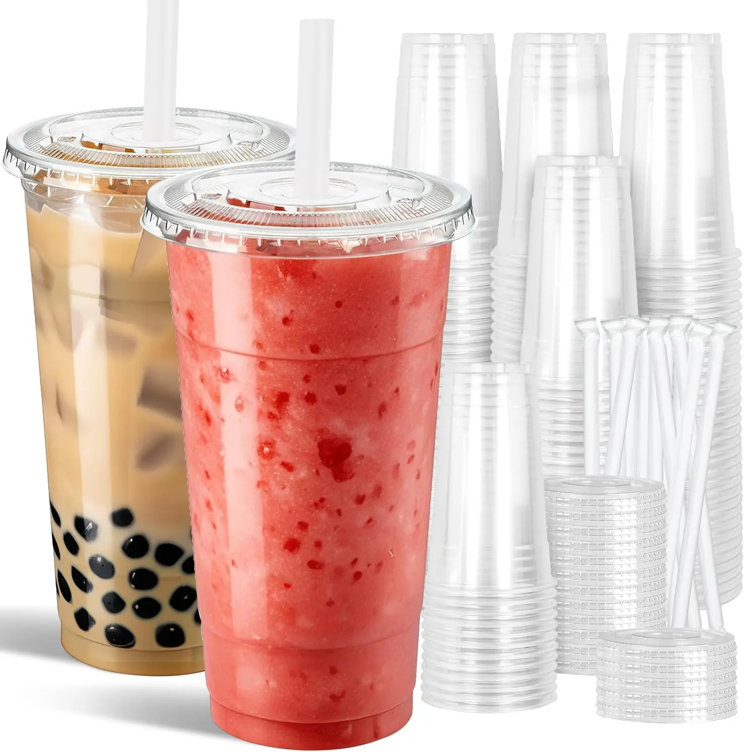 Vasos de Plástico Transparente de 32oz con Tapas Planas, Pajitas para Té Boba, Libres de BPA, Vasos Premium de Cristal de 1L para Smoothies, Limonada, Batidos, Vasos Grandes