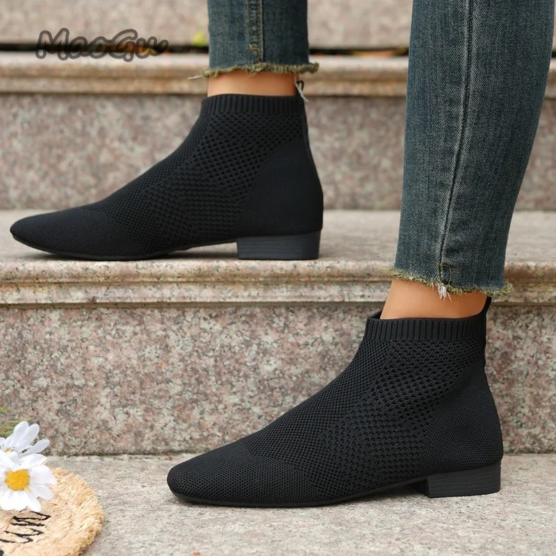 Frauen Gestrickte Stretch Niedrigen Absatz Ankle Bootie Freizeit Schwarz Atmungsaktive Nicht-slip Slip auf Kurze Stiefel Größe 36 43 botines Para Mujeres