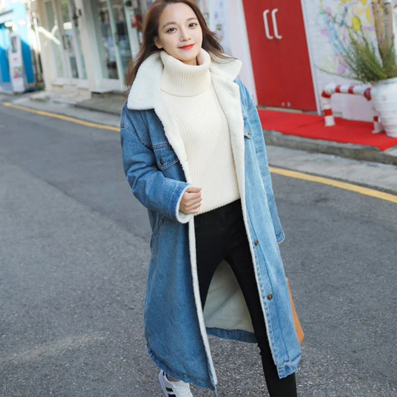 2023 New Fashion Womens Femmes Long Coats Denim Overcoat Single Breasted Warm Fur Lining Loose Fit BF Style Female Top