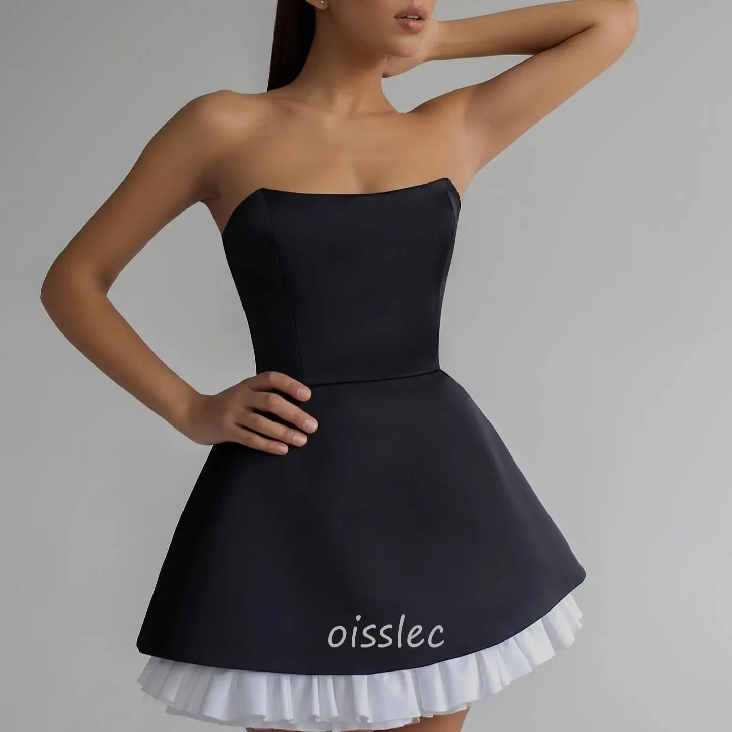 Oisslec-vestido de baile sem alças curto para meninas, renda com babados, vestido de formatura, mini vestido preto, 2024