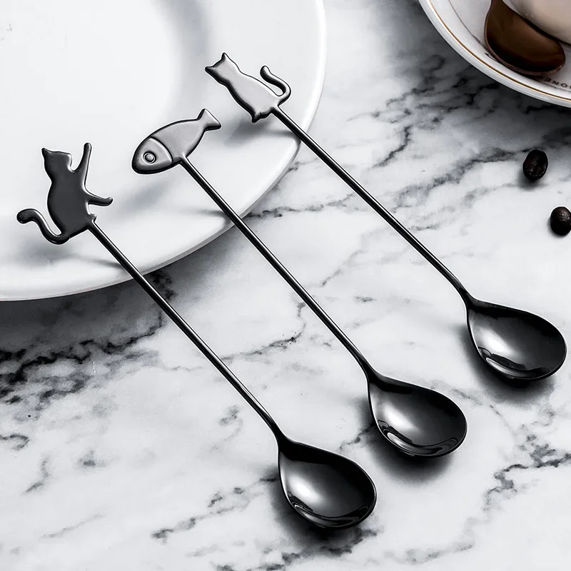 Cute Cat Shaped 304Stainless Steel Coffee Spoon Stirring Spoon Teaspoon Kitchen Tableware Suitable for Dessert Snack Ice Cream