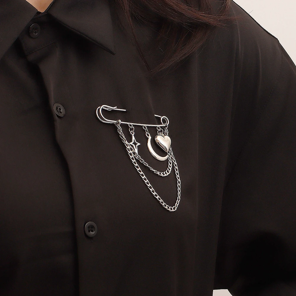 Bonito seguro-pin forma broche pinos amor coração crescente cruz estrela encantos camadas correntes pingente terno corsage acessório adereços presente