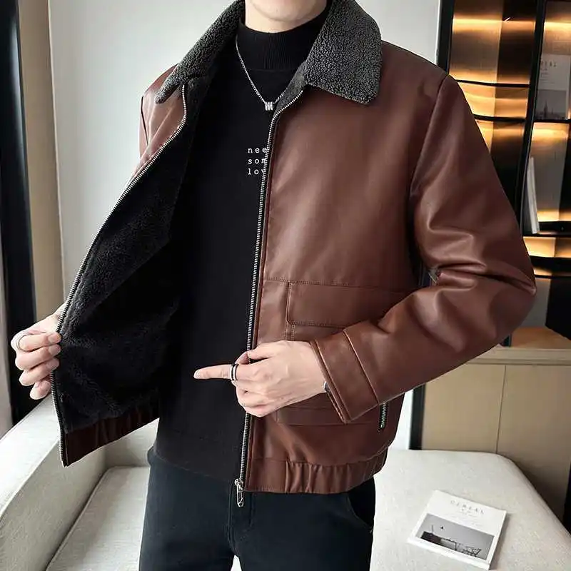 2024 Men's Autumn and Winter Fur Collar PU Leather Clothing Business plus Velvet Thick Section Casual Leather Clothing