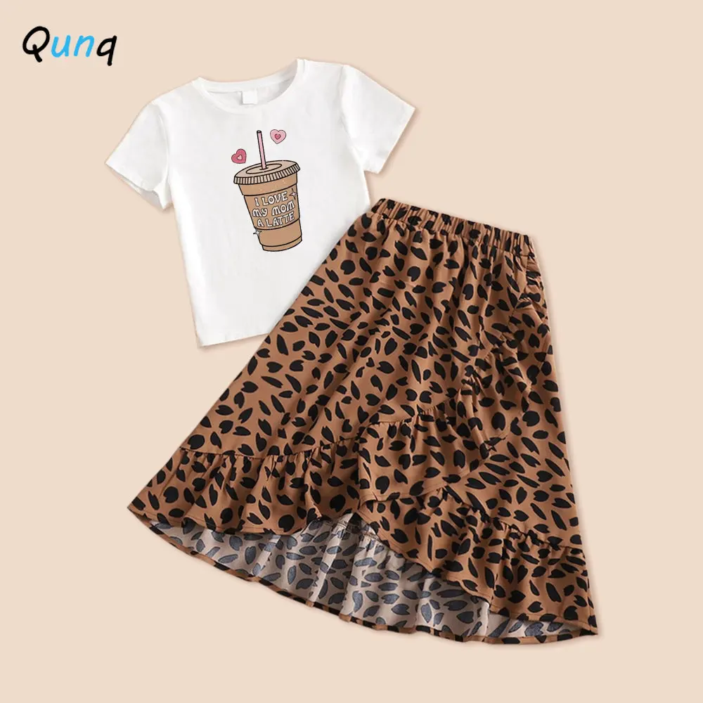 Qunq Summer New Parent-Child Outfit Print Short Sleeve Top + Peplum Slit Leopard Print Skirt Mommy And Daughter Matching Clothes