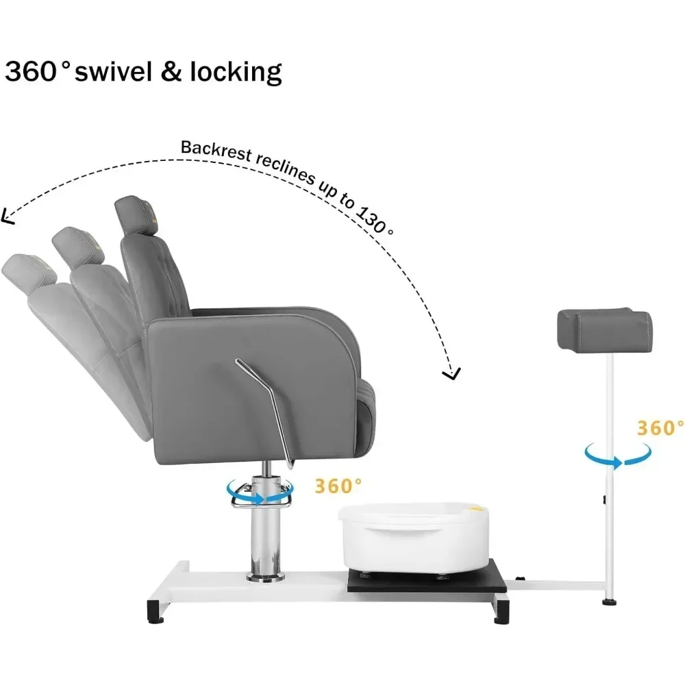 Reclining Pedicure Chair with Foot Massage Basin Hydraulic Adjustable Pedicure Chair Station, 360° Rotation Beauty Spa Chair