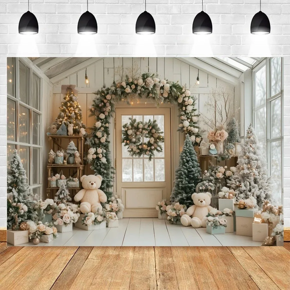 

Greenhouse Potted Plants Shelf Christmas Background, Teddy Bear Garland Winter Family Portrait Decoration Background Photography