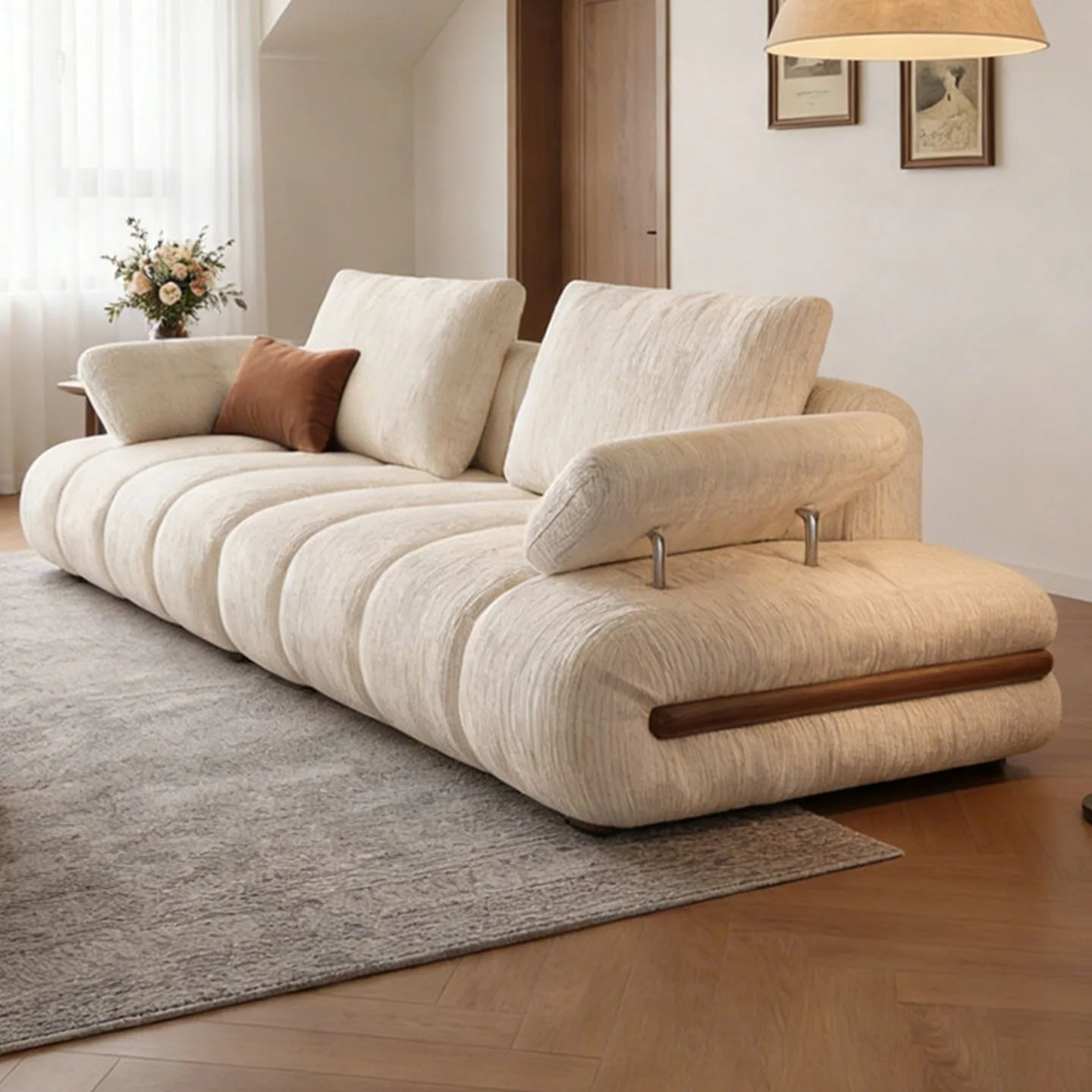 French cream wind snow Neil fabric sofa, living room armrest adjustable sofa, small apartment medium and ancient style