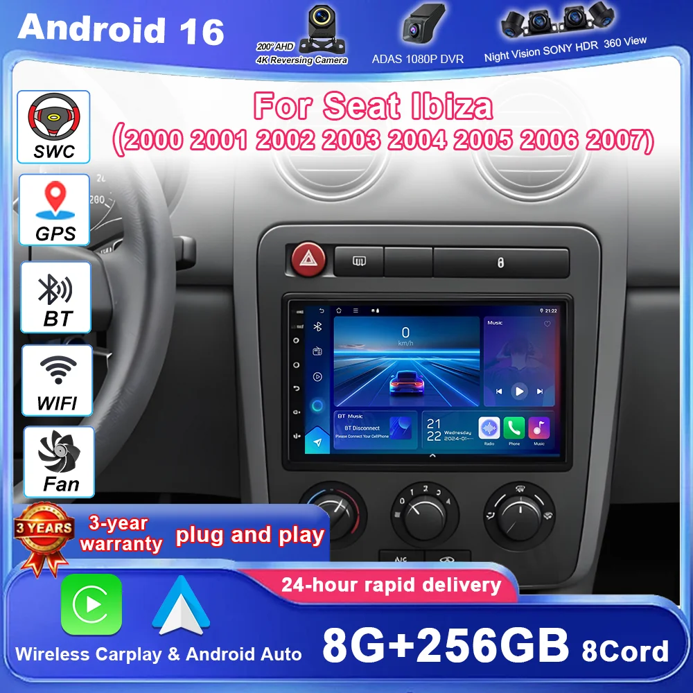 Radio de coche Android 16 de 7 pulgadas para Seat Ibiza 2000 - 2007, Carplay inalámbrico, unidad principal con Google Maps, cámara trasera, sin DVD 2 DIN, 4G, DSP, BT