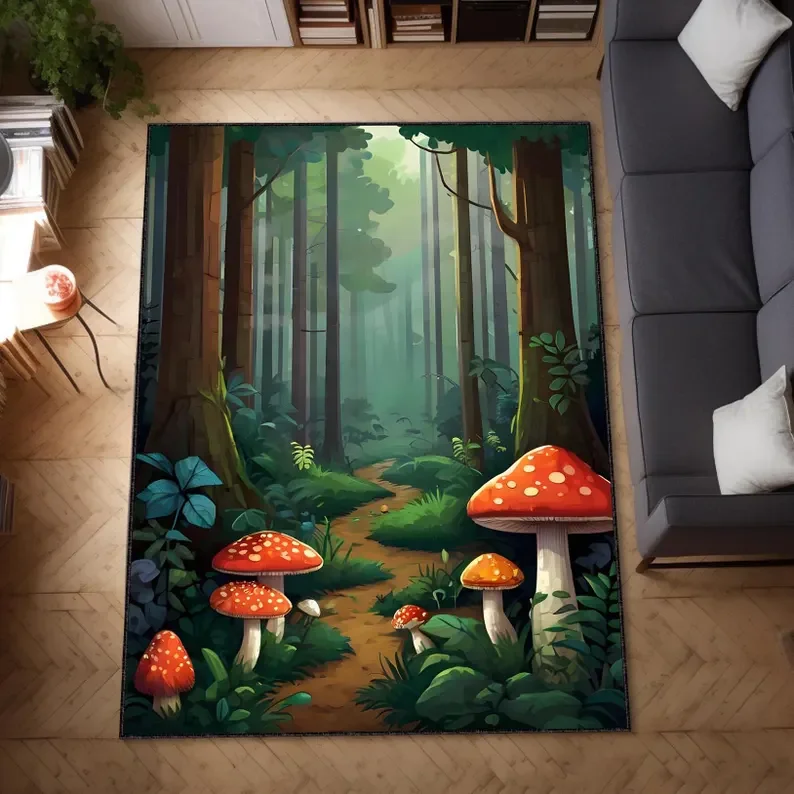 Mushroom Forest Area Rug Decor Effect Embroidered Farmhouse Cottage Carpet Vintage Style Elegant Boho Shabby Chic Home Decor