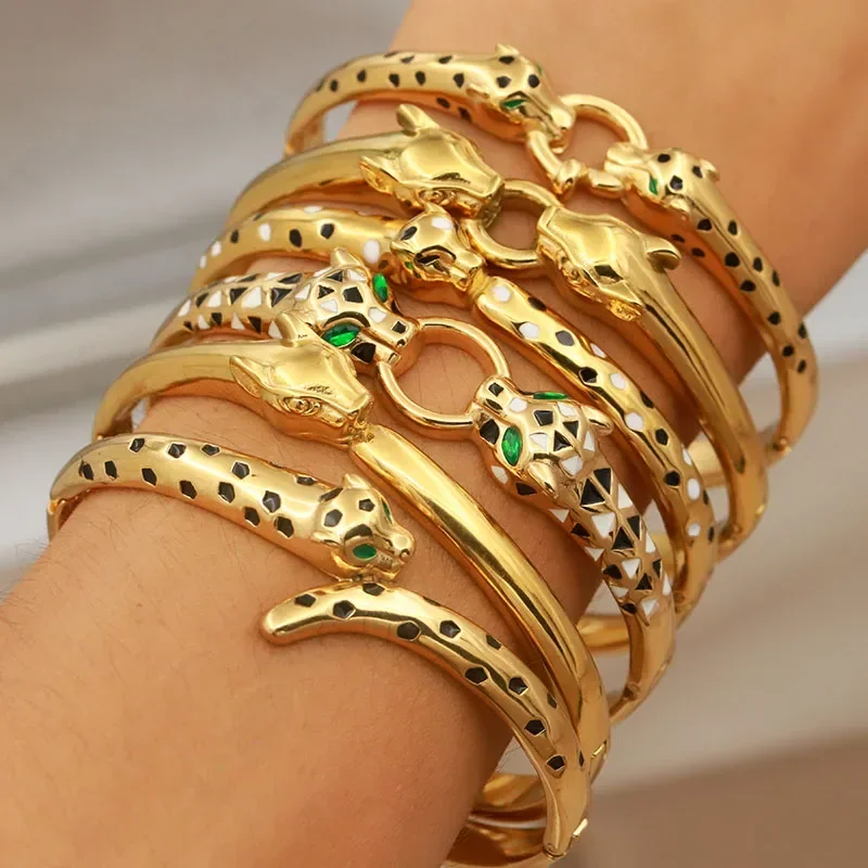 Stainless Steel Multicolor Leopard Bangles for Women Fashion Brand Jewelry Unique Animal Bracelets Party Accessories Gifts