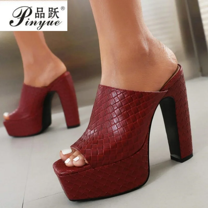 

Женские туфли-мюли на высоком каблуке 13,5 см, платформа, с открытым носком, на толстом каблуке, для банкетов, размеры 35-43