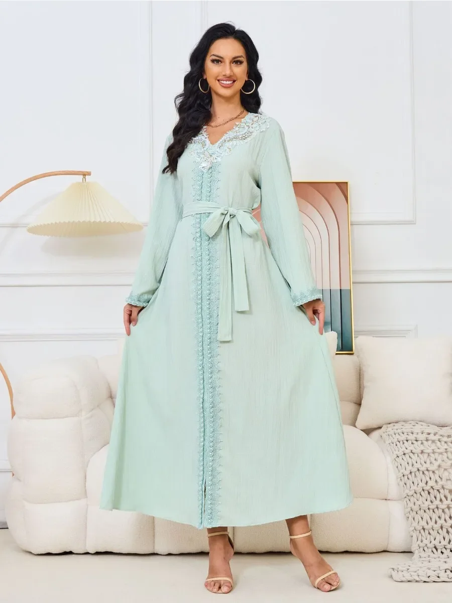 Eid decote em v vestido de miçangas para mulheres festa muçulmana abaya bordado jalabiya vestidos longos kaftan dubai ramadan vestido robe