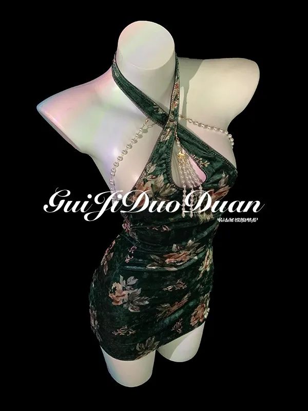 Sexy Qipao Underwear for Women Neck Hanging Chinese Style High Waist No Bra Brand Couples Theme Summer Collection Floral Print