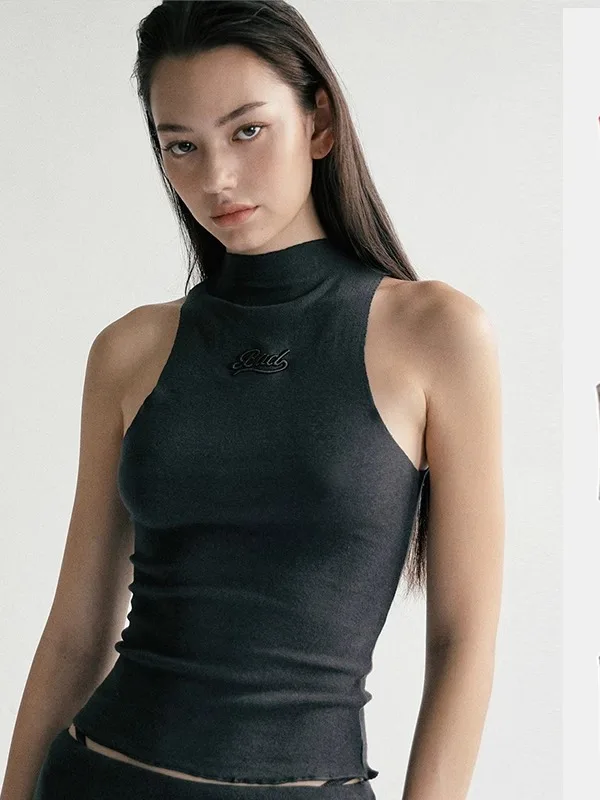 

Жилет с высоким воротником и вышитыми буквами f, сексуальный жилет с колючками, внутренняя одежда в американском стиле для горячих девушек, облегающий крой, чистый цвет, C...