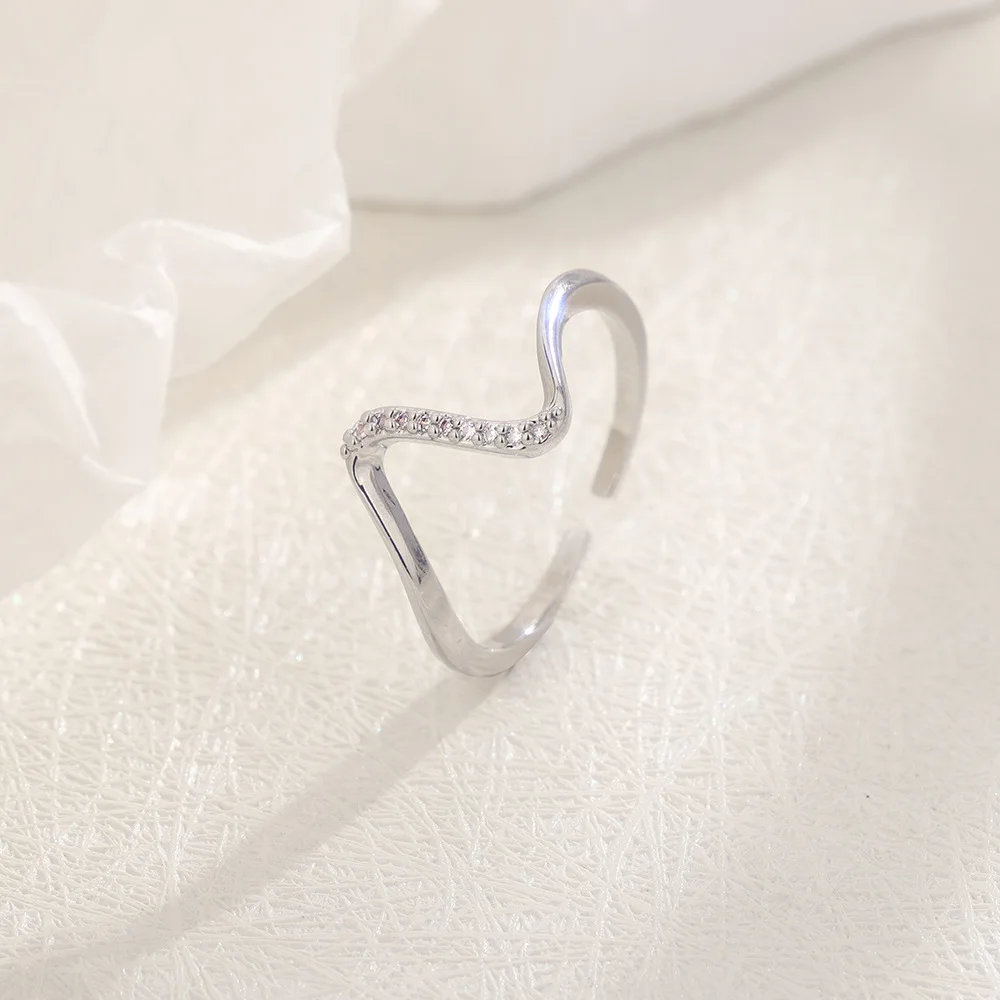 Fashionable Electrocardiogram Zircon Ring Female Ins Geometric Irregular Lines Open Index Finger  Light Luxury Wave Ring